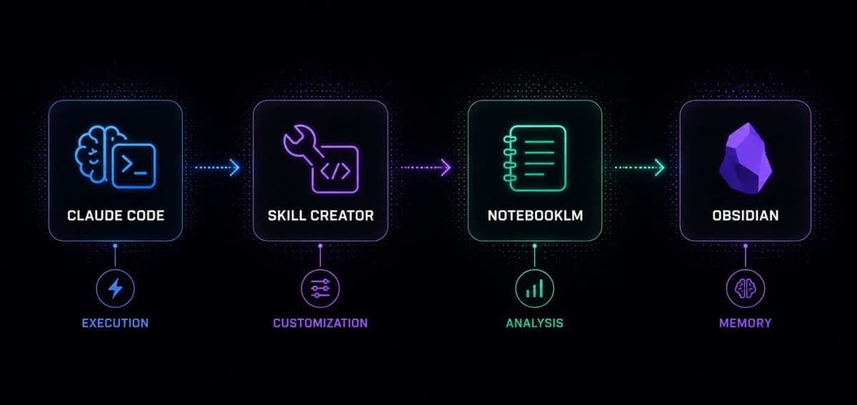 A workflow stack combining Claude Code, YouTube, NotebookLM, and Obsidian for research