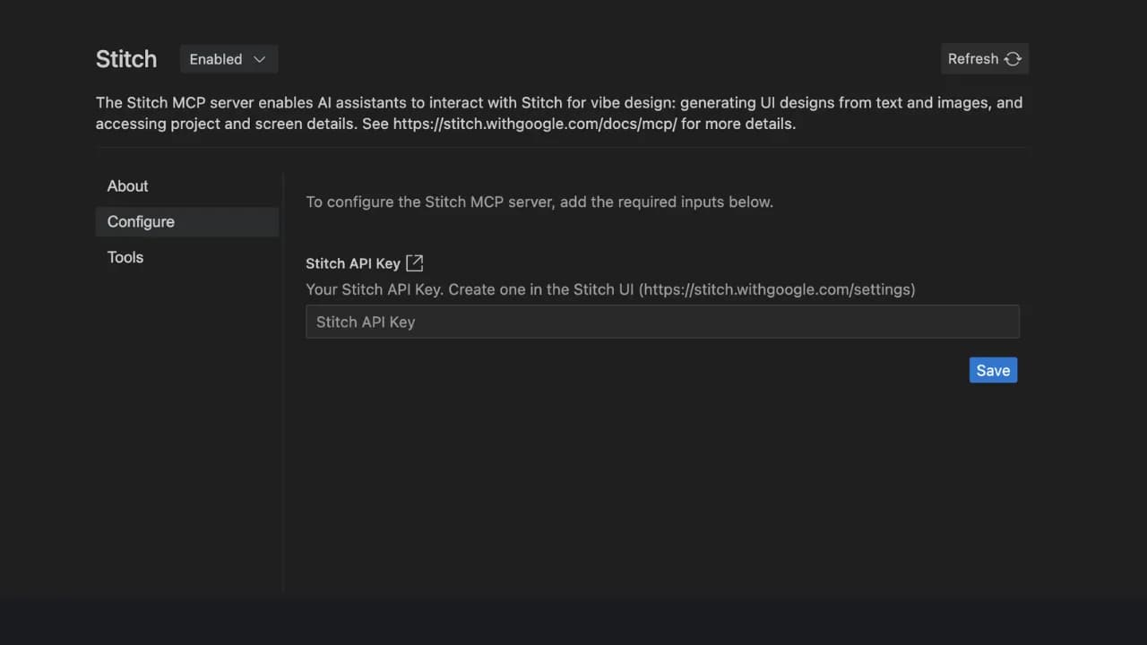 Copy API key Google Stitch vào Antigravity