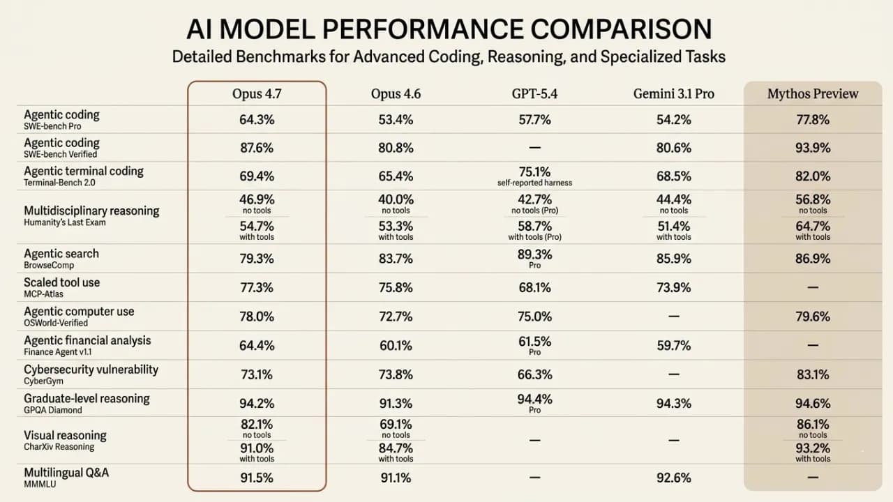 Điểm số benchmarks của Claude Opus 4.7 (nguồn Anthropic)