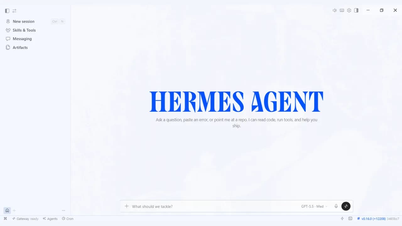 Giao diện tổng quan của Hermes Agent trên desktop app