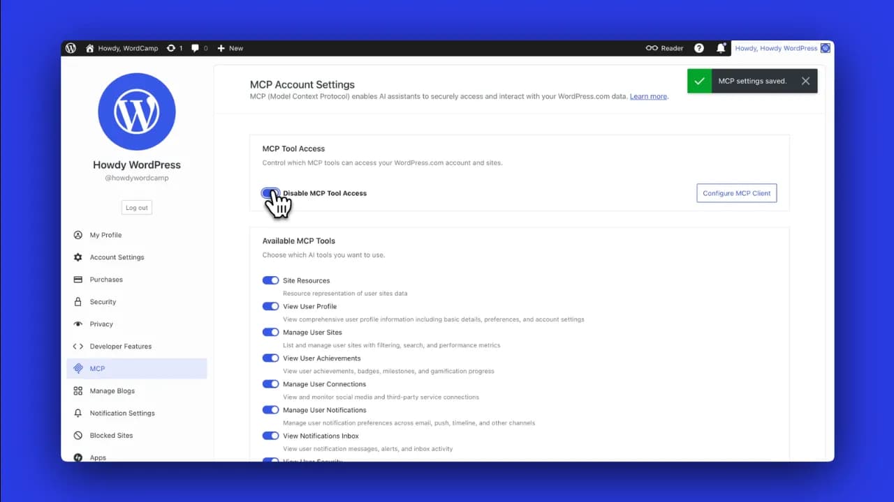 Phải bật MCP trong Wordpress trước khi kết nối (nguồn Wordpress)