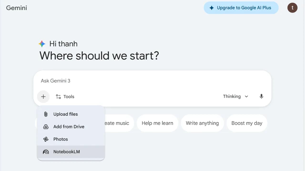 Nút thêm Notebooklm vào Gemini